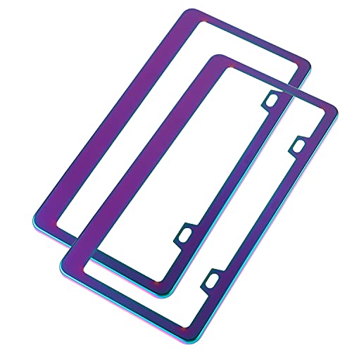 Fashion 2Pcs Slim Chrome Chameleon Design License Plate Frames,Exclusive Rainbow Effect License Plate Holder,Us Universal Mirror Polishing License Plate Cover For Women (Purple Pink With Little Blue) #TOP3