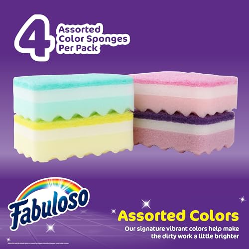 Fabuloso Scratch-Free Kitchen Dish Sponges, Rainbow Cellulose Scrubber Sponge with Scouring Pad for Dishes, Pots, Pans, Counters and Sinks, Tough on Messes, 4.25 x 2.75 x 1.25 in, 4 Count