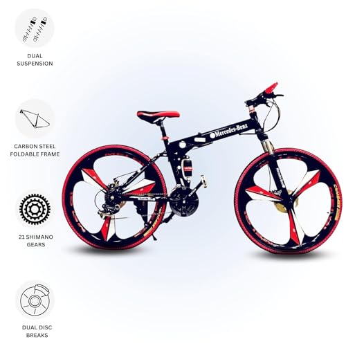 Image of Merceds Benz 26 Inch Gear Cycle for Boys and Adults with 21 Speed Gears Dual Suspension Folding Frame Daily Commute Fitness School and College Use City Ride Foldable Bicycle (Black)