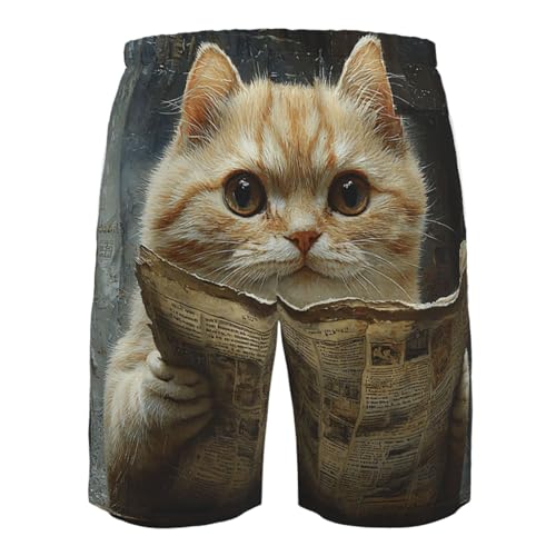 Mens Swim Trunks Board Shorts Quick Dry Shorts with Pockets - Funny Cat Old Newspaper4