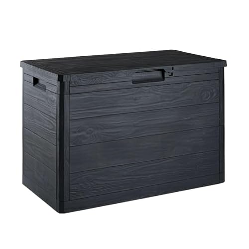 MA MAISON Coffre 160 Litres Boîte de rangement effet bois en résine gris tourterelle Dimensions 77,5×44,5x53h cm Extérieur et intérieur Résistant aux UV