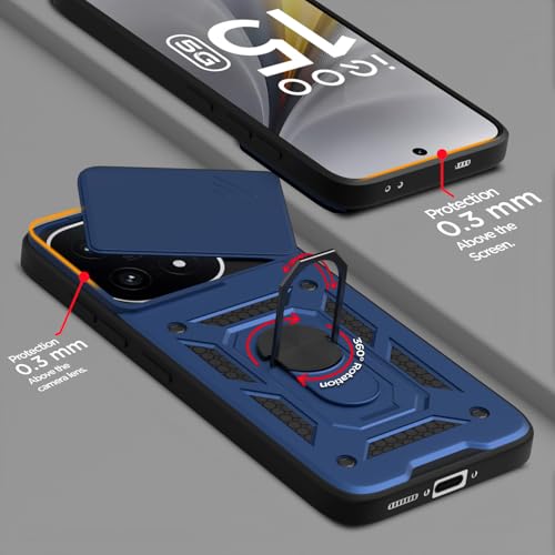 Image of Pikkme Back Cover for iQOO 15 5G | 360 Protection Case | Sliding Camera Shield Cover & Ring Holder Stand D10 Tough Armor Bumper Case (Blue)