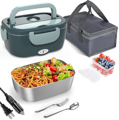 HBLEDOT Electric Heated Lunch Box for Adults - 60W Fast Heating, 1.5L Food-Grade Stainless Steel, 12V/24V/110V Portable Food Warmer for Work Travel Car, Lonchera Electrica Portatil (Green)