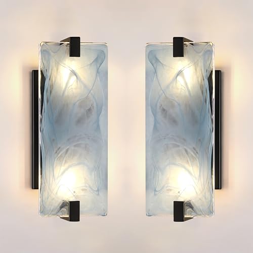 Image of 12.7 inch Art Blue Square Glass Bathroom Modern Wall Sconce Fixture for Bedroom Hallway Bedside 2 Pack 2 Light Black Wall Sconce