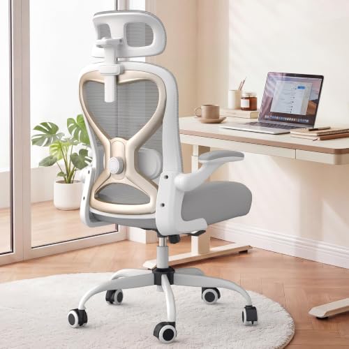 Image of Ergonomic Office Chair for Long Hours and Back Pain Relief, Space-Saving Design with Adjustable Lumbar Support, Flip-Up Arms, 3D Headrest, Tilt & Rock, 330 LBS, Gray /Gold