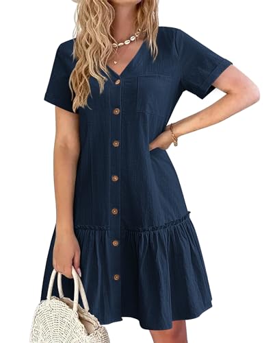 Image of HOTOUCH Women Button Down Dress Loose Summer Cotton Linen Dress Ruffle Hem Casual Dress Short Sleeve Tunic Dress