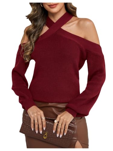 Image of MakeMeChic Women's Off The Shoulder Sweater Halter Criss Cross Pullover