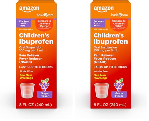 Image of Amazon Basic Care Children's Ibuprofen Oral Suspension 100 mg per 5 mL, Pain Reliever and Fever Reducer, Grape Flavor, for Minor Aches, Sore Throat, Headache Relief and More, 8 fl oz (Pack of 2)