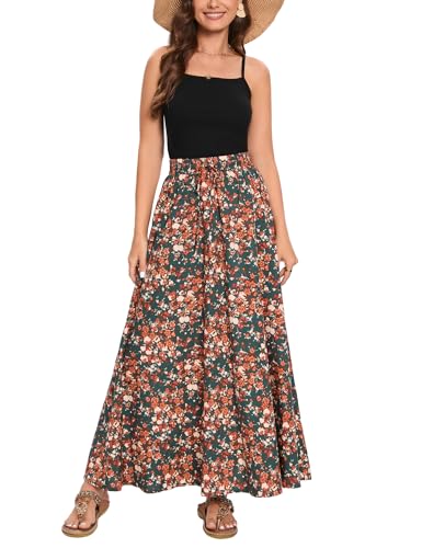 Bluetime Women Flowy Long Skirts Summer Beach Pleated Elastic High Waisted Casual Maxi Skirts4
