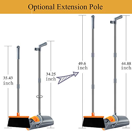 Image of Rubber Super Long Handle Lobby Brooms, Self-Cleaning Broom And Dustpan Set With Dust Pan Teeth For Home, Kitchen And Office Use (Grey And Orange), Hard floor