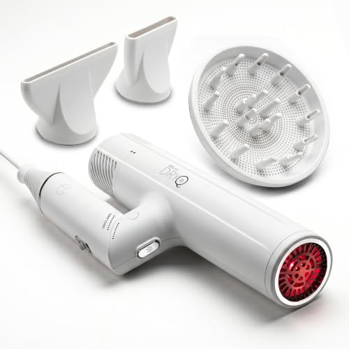 SRILabs DryQ Smart Hair Dryer White Edition Super Lightweight Foldable Powerful Quiet Motor Infrared & Ionic Technology 3 Magnetic Attachments Heat Control with Locking Switch