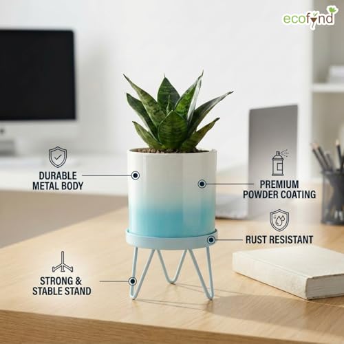 Image of ecofynd Lucas Metal Plant Pot with Sky Blue Stand, Modern Style Planter Set, Indoor Outdoor Home Decor Item for Garden Plants Flower, Balcony, Patio, Living Room, Garden, Bedroom (PWS032-WHTSBL)