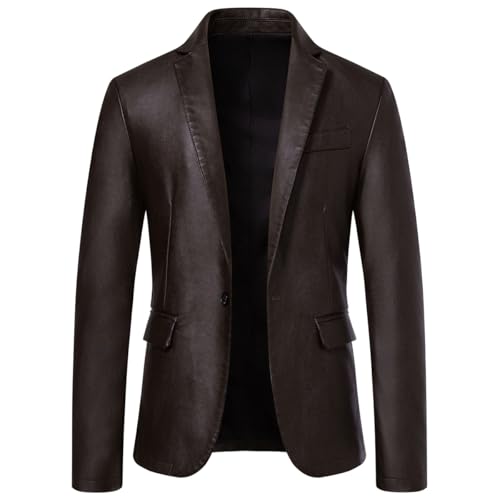 Men's Casual Notched Collar One Button Faux Leather Blazer Suit Jacket Sport Coats2
