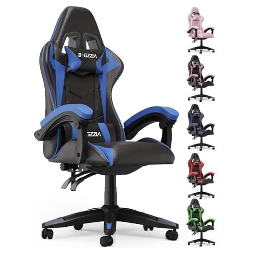 bigzzia Silla Gaming,Silla Ergonómica de Oficina en Cuero PU,Regulable en Altura con Soporte Lumbar y Reposacabezas,Respaldo Reclinable 155°,Silla Gamer Adulto Niño(Azul)