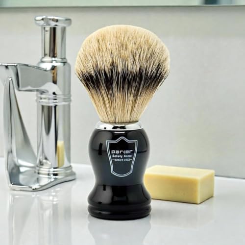 Image of Parker Silvertip Badger Shaving Brush with Resin Handle & Resin Stand | 22mm Soft Knot for Rich Lather | Handcrafted Brush for Shave Cream or Soap | Premium Wet Shaving Accessory | Iconic Brand