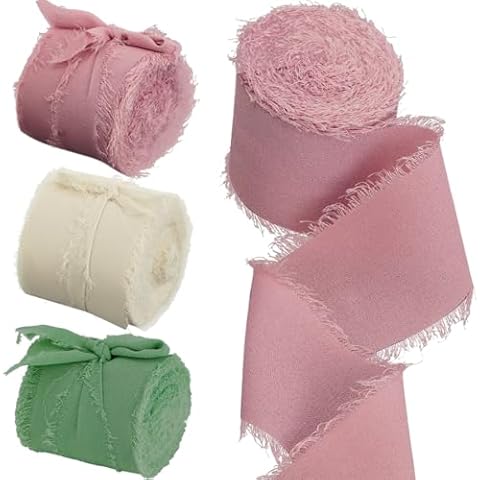 Tverghvad 1-1/2 inch Chiffon Ribbon, 21 Yards Fringed Sides Polyester Silk Ribbons for Wedding Flowers, Wreath, Gift Wrapping, Baby Shower, House Decor. (Sage Green/Cream/Rose Pink) Cover