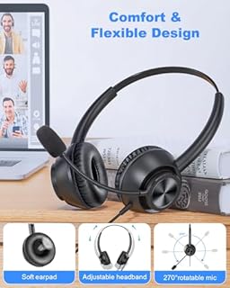 USB Headset with Microphone for PC, Computer Headset with Mic, Wired Headset with USB-A & Type-C, Mute, In-Line Controls Call Center Headphone for Work PC Laptop Office Phone Meeting Zoom Skype