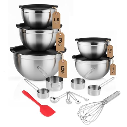 Vinod Cookware Heavy Duty Flat Bottom Stainless Steel Mixing Bowls with Lids, Measuring Cups, Measuring Spoons, Spatula & Stainless Whisk - Bowls for Meal Prep, Cooking, Mixing & Serving - Set of 5