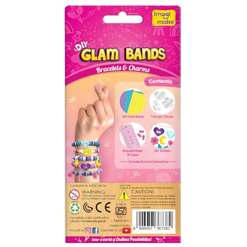 Image of Imagimake Plastic DIY Glam Bands Bracelet & Charms |Create 5 Unique Bracelets | Mess- Free | Art & Craft Kit | Birthday and Return Gifts for Kids Ages 3,4,5,6, Multicolour