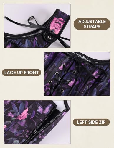 Image of Scarlet Darkness Corset Tops for Women Floral Renaissance Bustier Bodice | Ideal for Halloween, Ren Faire, Theme Party; Overbust, Adjustable Straps, Lace Up, Irregular Hem, Zip Closure, Hand Wash