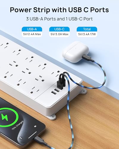 Image of TROND Surge Protector Power Strip 10ft Cord, 4000J, 4 USB, ETL Listed,White