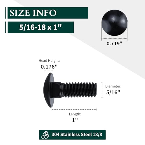 Image of 5 /16-18 x 1 inch Black Steel Carriage Bolts, 304 Stainless Steel 18-8, Round Domed Head Square Neck Carriage Bolts Screws, Coarse Thread UNC, 20 PCS