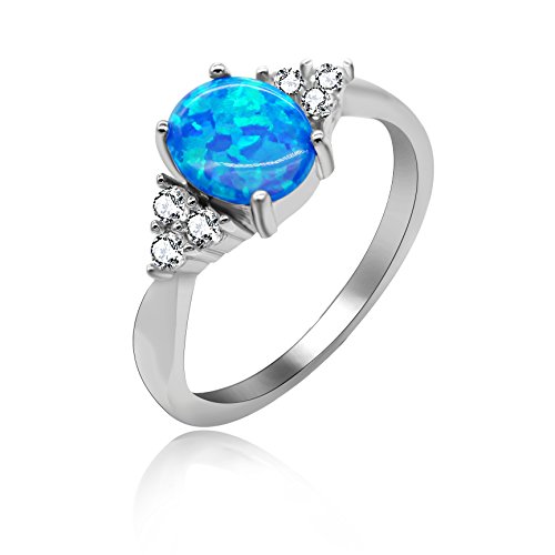 Uloveido 2.96g 925 Sterling Silver Oval Cut Created Blue Fire Opal Birth-Stone Solitaire Wedding Engagement Band Rings for Women Female JZ125