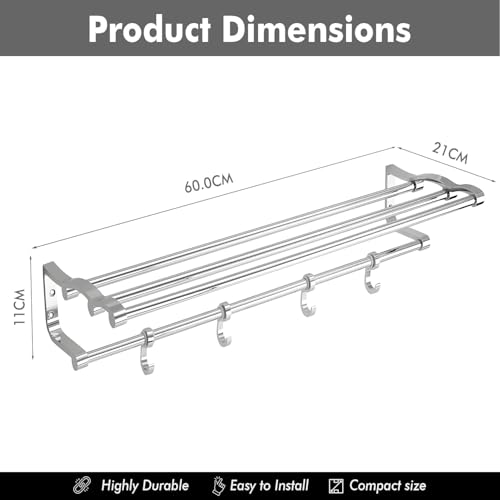 Image of Pivalo Folding Towel Rack Wall Mounted Double Aluminium Rod Napkin Holder Multipurpose Hanger Stand Bathroom Accessories Bar for Home Kitchen Washroom (Pack of 1, Silver, 1027)