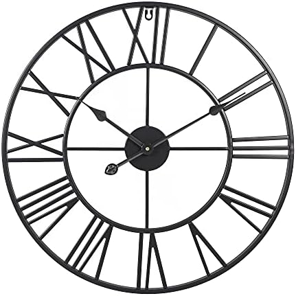 INFINITY TIME 24" Inch Metal Wall Clock Round Shaped Large Industrial Iron Skeleton Roman Numerals Silent Non Ticking Home Decor Wall Clock- Classic Black