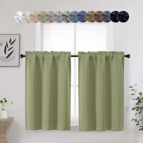 WelvetBLK Sage Green Cafe Blackout Curtains Tier 36 Inch Length 2 Panels, Soft Solid Thermal Insulated Room Darkening Small Kitchen Window Curtains Over Sink for Bathroom, Sage Green, Each 30" Wx36 L