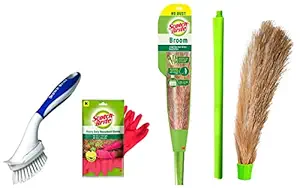 Scotch-Brite Handy Scrubber Brush (Multi, IE840101166) Pack of 1 & No-Dust Broom (Multi-use) & Rubber Heavy Duty Hand Gloves for Dishwashing, 1 Pair