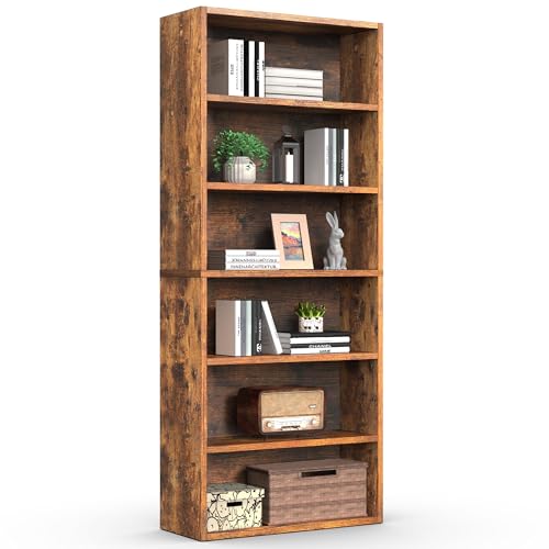 Sweetcrispy Industrial 6 Shelf Bookcase - Large 63 Inch Tall Floor Standing Open Bookshelf with Anti-Tipping Device for Home Office Living Room and Bedroom Storage Rustic Brown