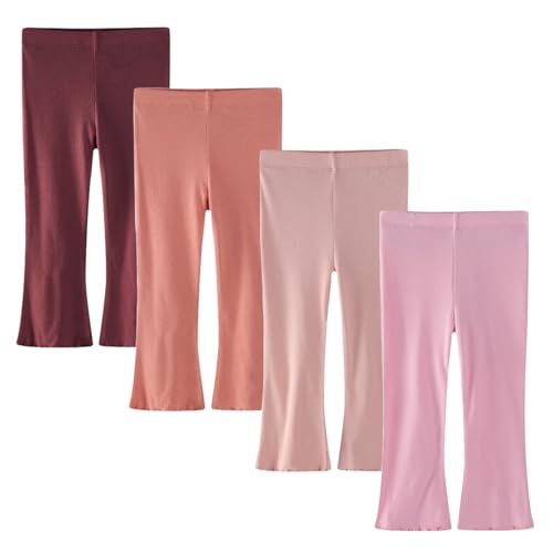 Image of Baby Toddler Girl Flare Pants 4 Pack Girls Ribbed Cotton Leggings | Soft & Stretch,Wide Leg,Comfy Elastic Waistband,Pull-On Style,Solid Color,Ruffle Bell Bottom Pants,Casual Fall Winter Clothes