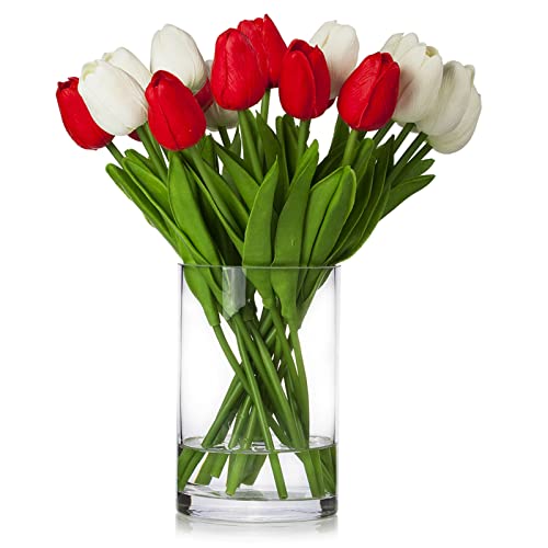 ENOVA FLORAL 20 Heads Real Touch Artificial Tulips Flowers with Vase, Mixed White and Red Tulips Flower Arrangements with Vase for Home Wedding Decor, Dining Table Centerpieces (White Red)