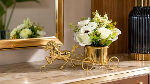 Image of Divyakosh Artificial Flower Vase, Golden Horse Chariot with Pre Fixed Flowers, Showpiece | Home Decoration Item for Living Room| Gift Items, Aesthetic Home Decor, Vase for Home Decor'