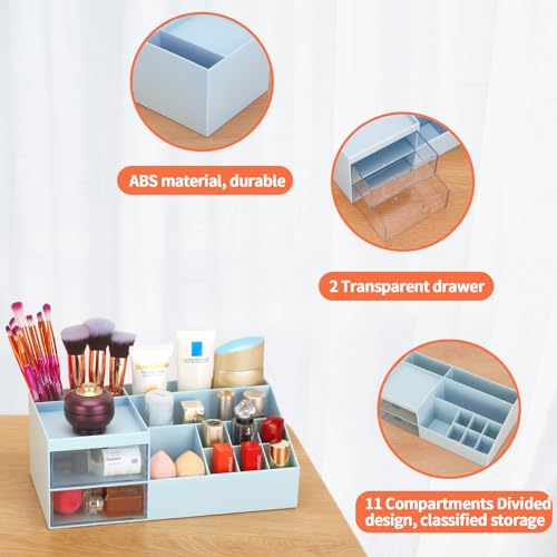 Image of LETURE Desk Organizer, Cosmetic Makeup Vanity Organizer Box, Bathroom Counter Makeup Storage for Eyeshadows, Skin Care, Concealers, Powders, Nail Polish (Blue)