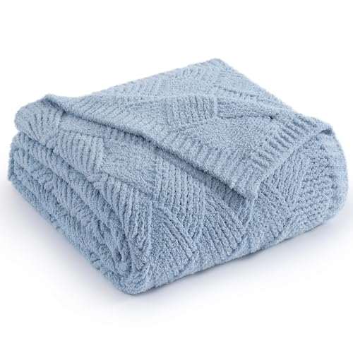 WRENSONGE Blue Grey Throw Blanket for Couch, Soft Fluffy Cozy Warm Knitted Throw Blanket for Bed, Weaving Patterns Throw Blanket for Living Room, Sofa, Chair, Camping, Travel Bed Blanket - 5