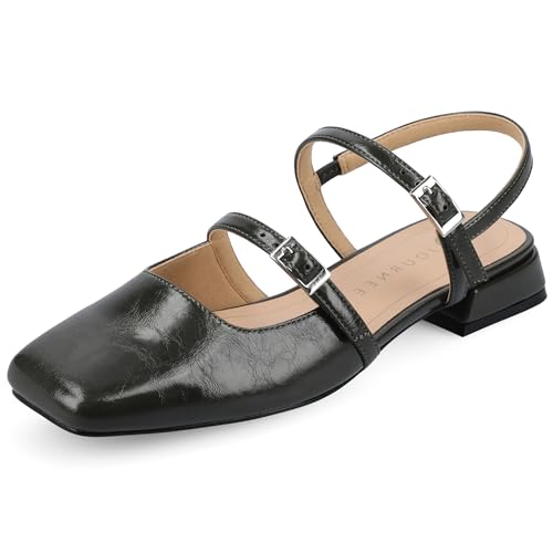 Journee Collection Women's Gretchenn Buckle-Strap Heeled Mary Jane Flats, Olive, 9.5 Wide