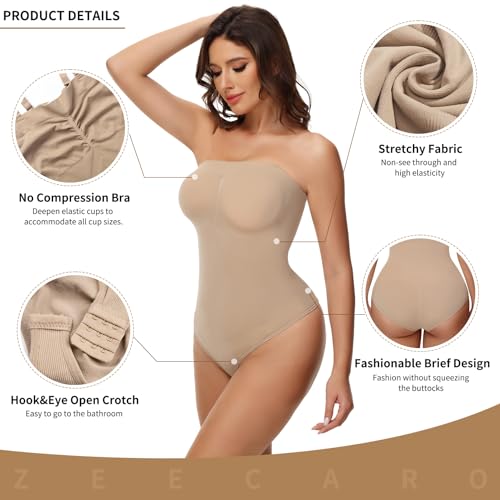Image of Women's Strapless Shapewear Bodysuit Seamless Tummy Control Triangle Body Shaper Removable Straps Summer Tube Tops