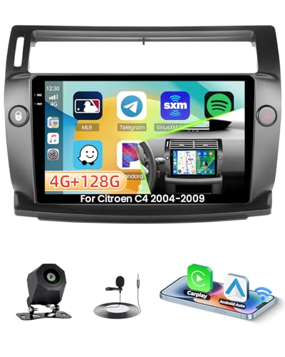 Roinvou 4G+128G Radio Android 15 para Citroen C4 2004-2009 Incell Screen Carplay Android Auto, 9 Pulgadas Pantalla Táctil Estéreo Radio con GPS Bluetooth EQ WiFi RDS FM SWC Cámara Trasera