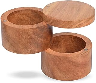 Samhita 2-Tier Acacia Wood Round Salt & Spice Box with Magnetic Swivel Lids Elegant Storage Keeper for Condiments, Seasoning, Pepper