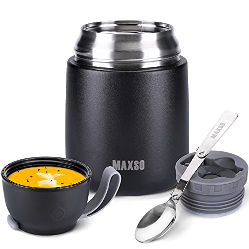 MAXSO Soup Thermo for Hot & Cold Food for Adults Kids, 17 oz Vacuum Insulated Steel Lunch Container Bento Box with Spoon, Leakproof Thermal Food Jar for School Office Travel - Black