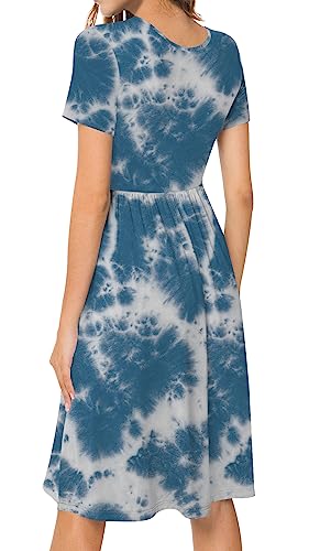 Db Moon Women Casual Short Sleeve Dresses Empire Waist Knee Length Dress With Pockets(Tie Dye Blue, L) #TOP1