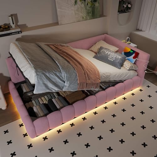 HYUB Polsterbett 90x200 cm, Tagesbett Einzelbett mit Rückenlehne und Bettkasten, Hydraulisches Bett mit Beleuchtung und Lattenrost, für Schlafzimmer und Gästezimmer, Vliesimitat, Rosa – Bild 4