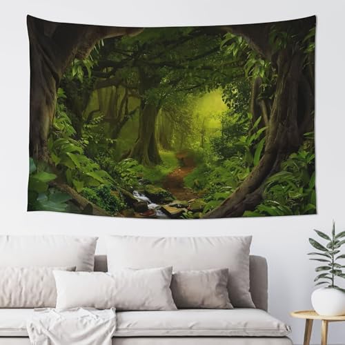 Tapiz de bosque verde con arroyo que aporta frescura natural a la decoración de tu dormitorio