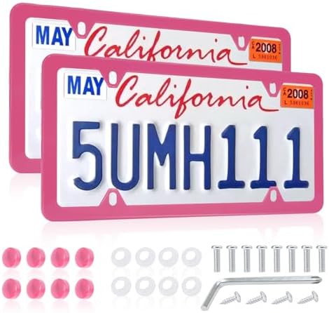 Pink License Plate Frames, Stainless Steel, Car License Plate Holder with Screw Caps, Rattle Proof Pad Front Back License Plate Cover