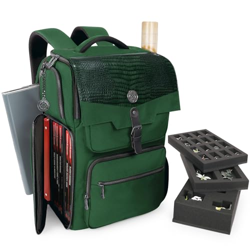 ENHANCE Collectors Edition DnD Backpack - RPG DM Bag for Dungeons and Dragons - DnD Bag fits 6-8 Books 18 Laptop/DM Screen Slot Miniature Foam Trays Accessory Pockets Map Strap (Dragon Green)