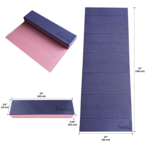 Foldable Yoga Mat-1/4 Inch Thick - Easy To Storage Travel Yoga Mat Foldable Lightweight For Fitness - Anti Slip Folding Exercise Mat For Yoga, Pilates, Home Workout & Floor Exercise(Dark Blue/Pink) #TOP1
