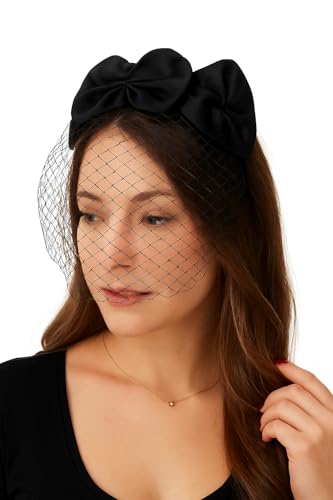 MODM Birdcage Veil with Hand-Sewn Floral Fascinator French Net Headpiece Face Veil for Special Occasions (Black)