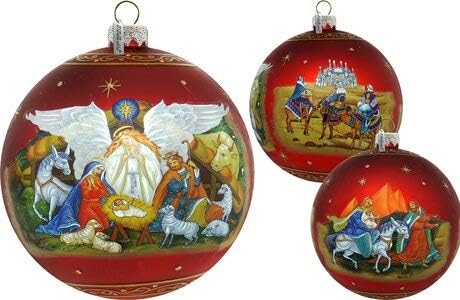 Christmas Ornaments - Hand Painted Scenic Glass Ornament Guarding Light Iconic Nativity Ball